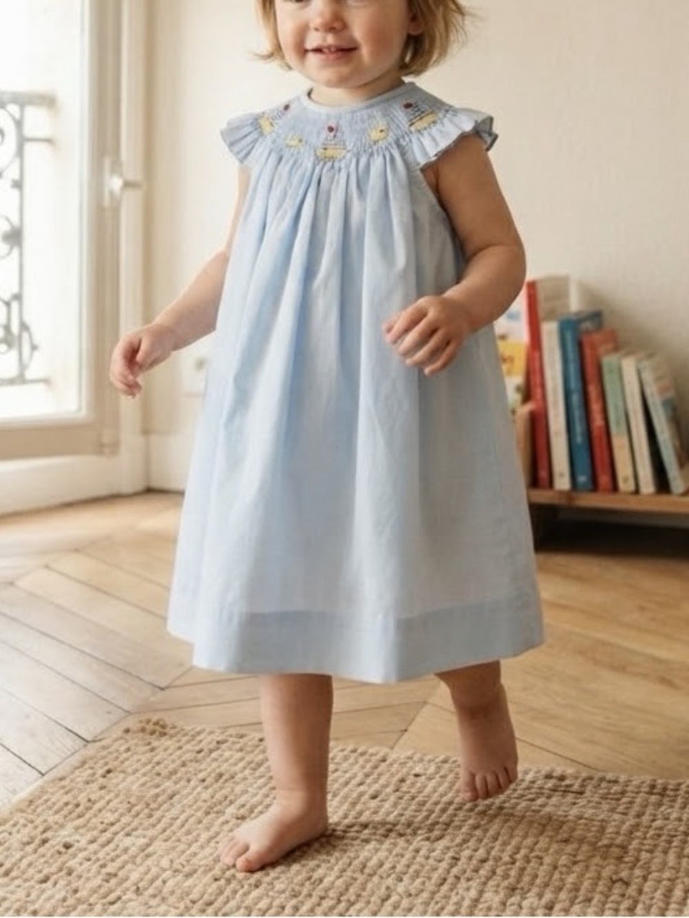 Collection Bebe Baby Girls Light Blue Smocked Bishop Dress Sailboats Ducks